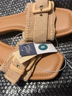 Universal Beige Woven Buckle Slide Sandals